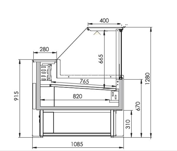 VZ20/B5-VR2 (25) Venice Verkaufstheke Umluft, Glasscheibe 90°, mit Reservefach - SCHWARZ